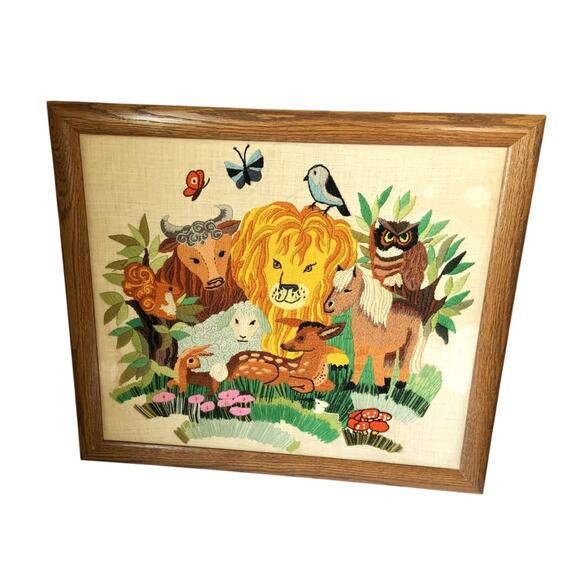 Vintage Crewel Animals “The Peaceable Kingdom” by Erica Wilson Framed 1971